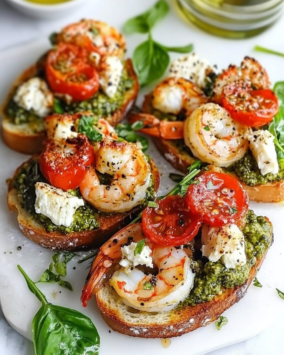 Mediterranean Baked Feta Bruschetta with Pesto Shrimp Toast