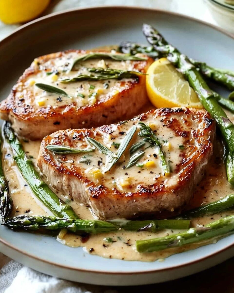 Pork Chops with Asparagus and a Lemon Sage Cream Sauce