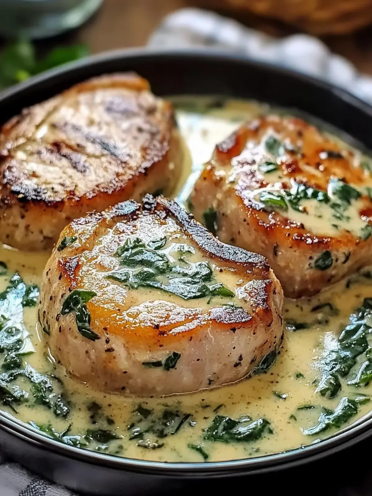 Boneless Pork Chops in Creamy Garlic Spinach Sauce