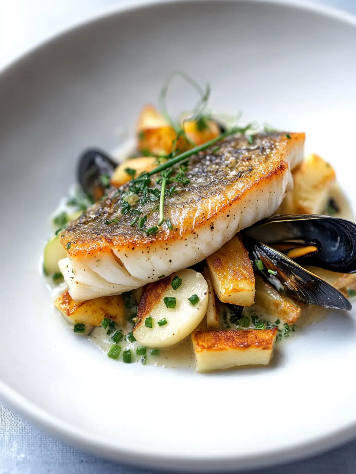 Elevate Dinner with Pan-Fried John Dory and Norfolk Mussels 4 Pan-fried John Dory with Norfolk mussels, celeriac, apples and chives