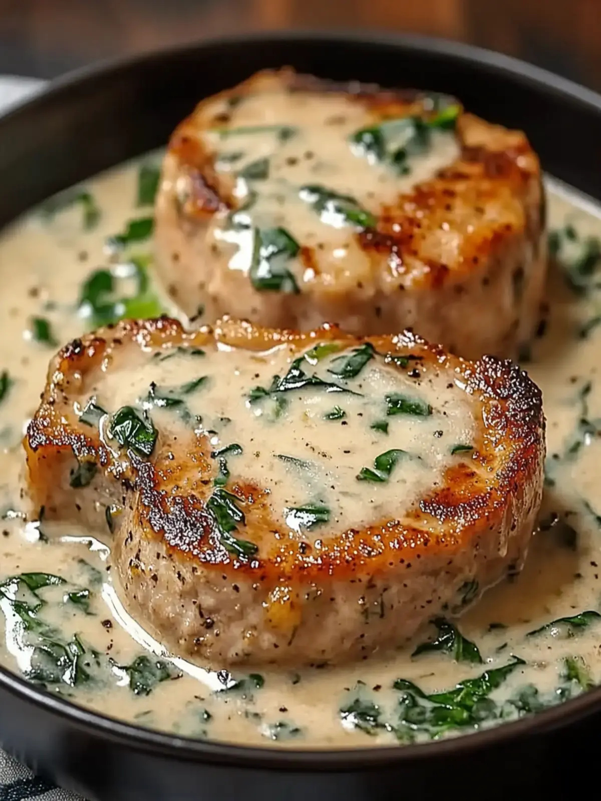 Boneless Pork Chops in Creamy Garlic Spinach Sauce