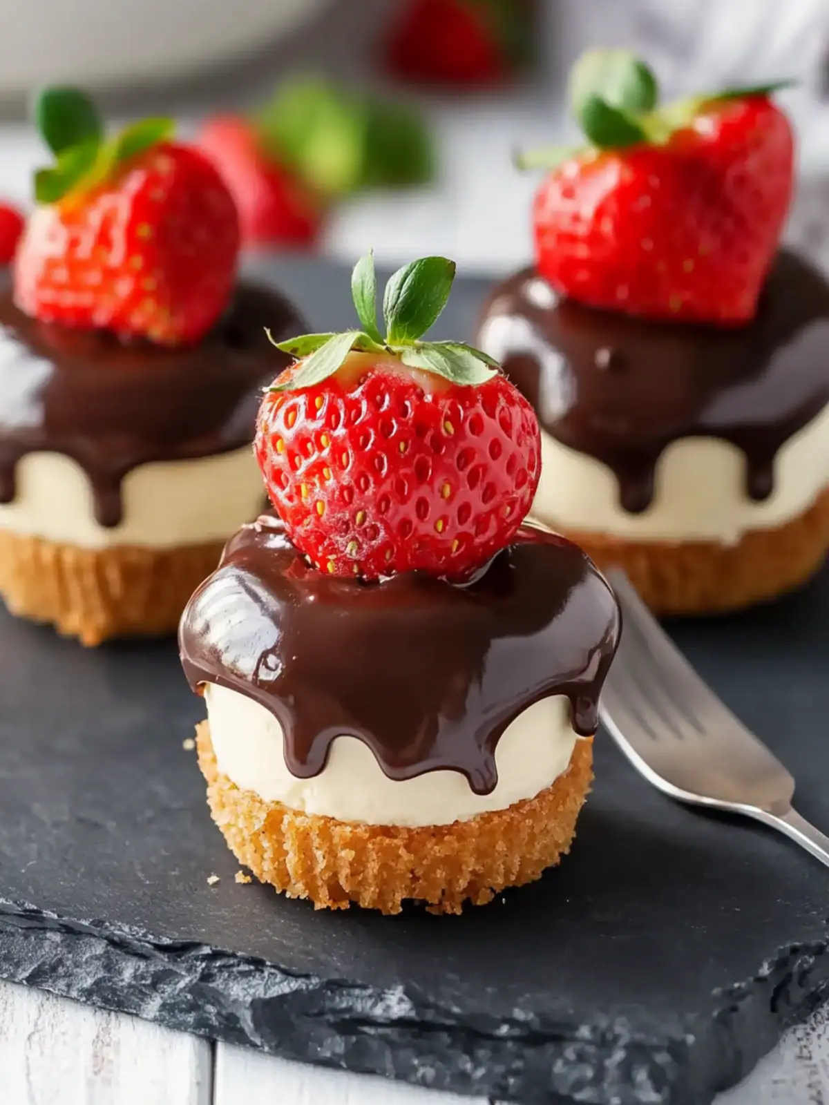 Light and Fluffy Chocolate Covered Strawberry Mini Cheesecakes 2 Chocolate Covered Strawberry Mini Cheesecakes