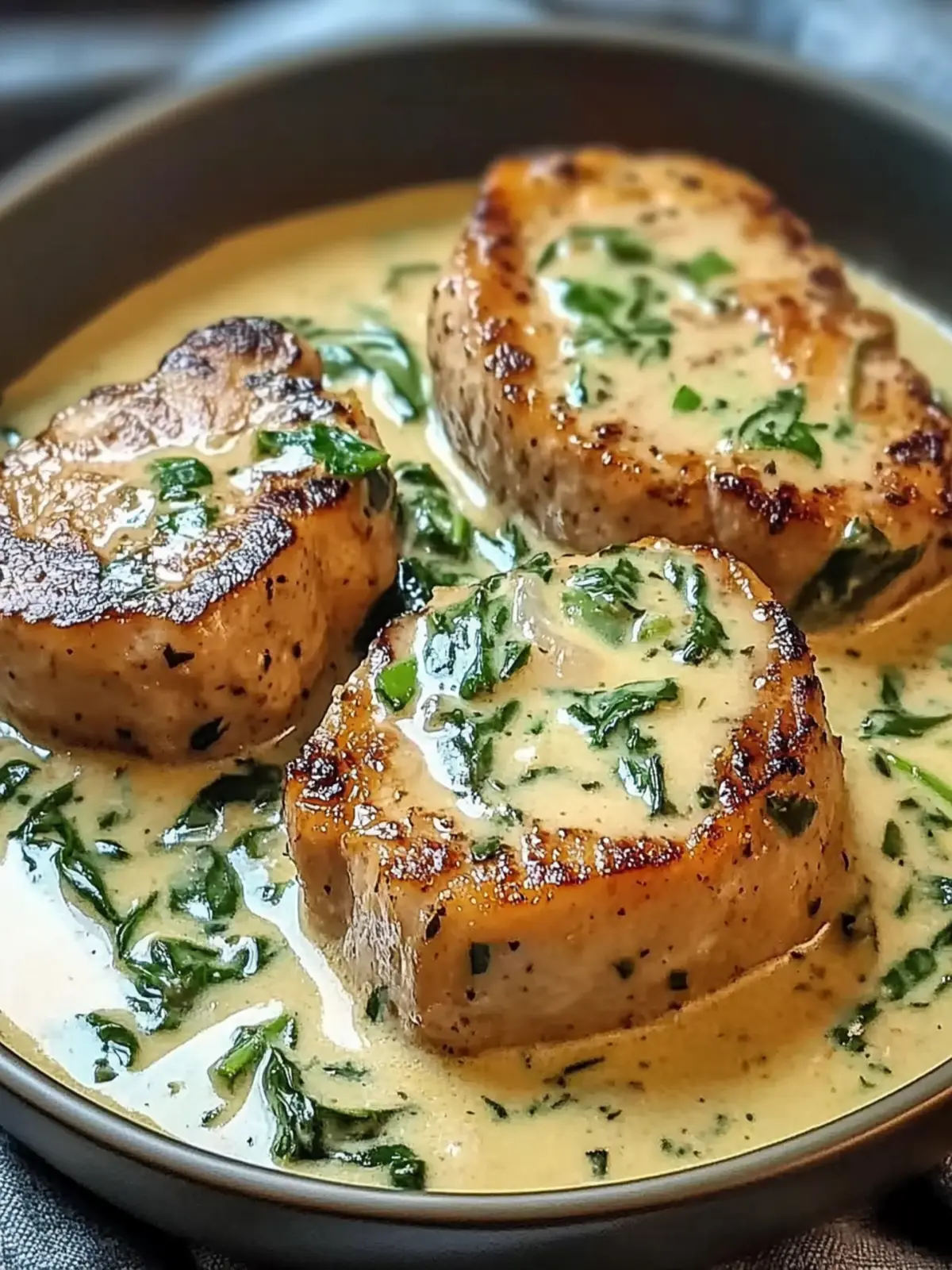 Boneless Pork Chops in Creamy Garlic Spinach Sauce