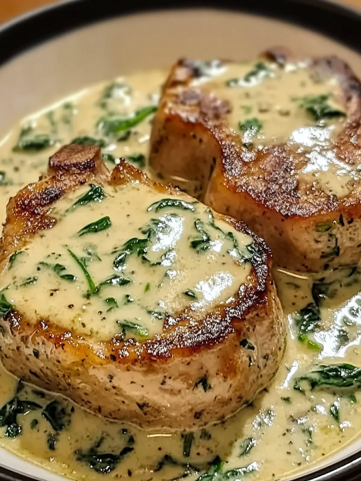 Boneless Pork Chops in Creamy Garlic Spinach Sauce