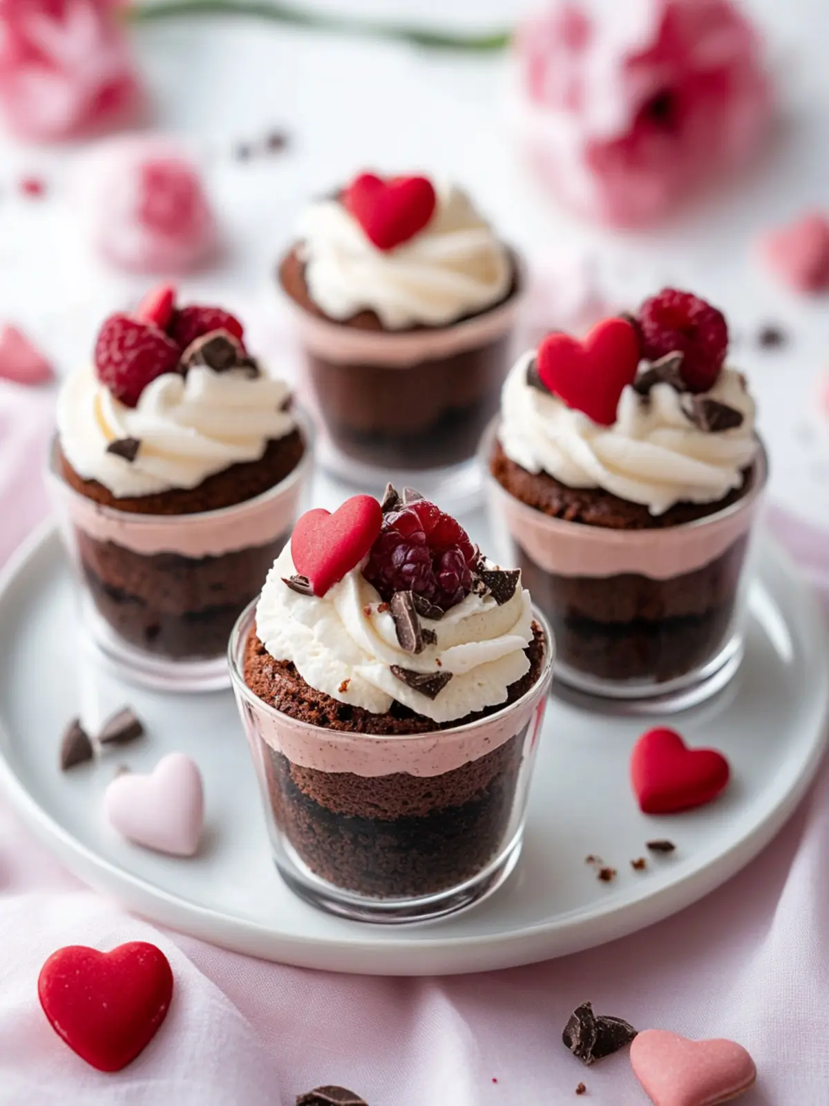 Irresistible Mini Valentine Dessert Cups with Brownie and Mousse 4 Mini Valentine Dessert Cups with Brownie and Mousse