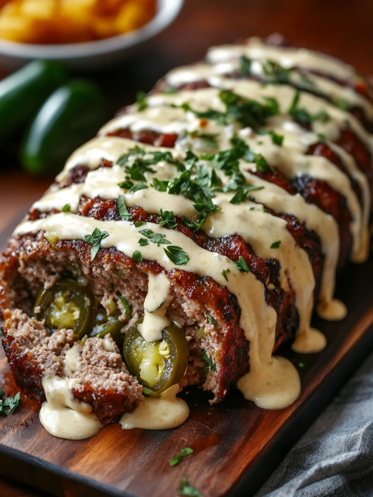 Savory Smoky Jalapeño Popper Meatloaf with Ranch Drizzle 3 Smoky Jalapeño Popper Meatloaf with Creamy Ranch Drizzle