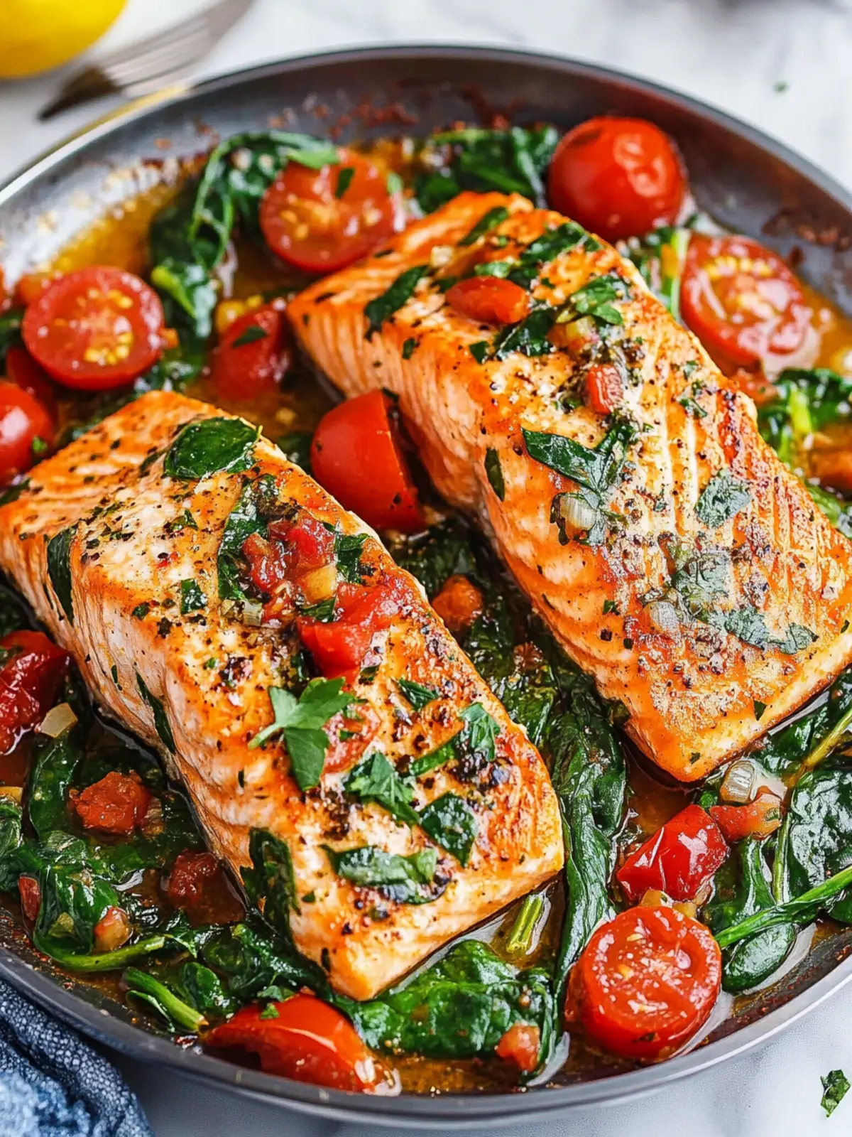 Savory Tuscan Garlic Salmon with Spinach and Tomato Bliss 2 Tuscan Garlic Salmon with Spinach and Tomato