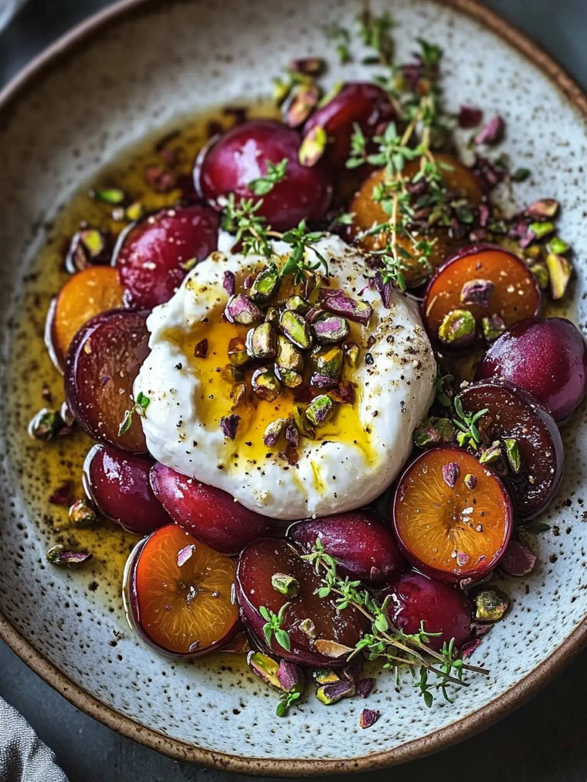 Burrata with Roasted Plums, Pistachios and Thyme Bliss 4 Burrata with Roasted Plums, Pistachios and Thyme