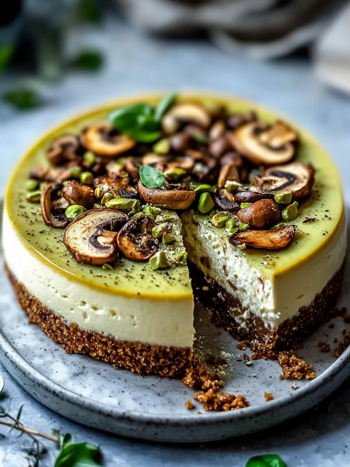 Savory Pistachio and Mushroom Cheesecake with Feta Crust Delight 3 Pistachio and Mushroom Cheesecake with Feta & Parmesan Crust