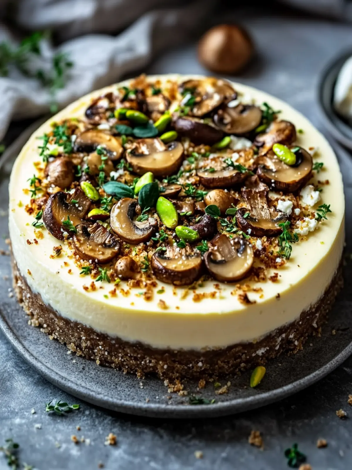Savory Pistachio and Mushroom Cheesecake with Feta Crust Delight 5 Pistachio and Mushroom Cheesecake with Feta & Parmesan Crust