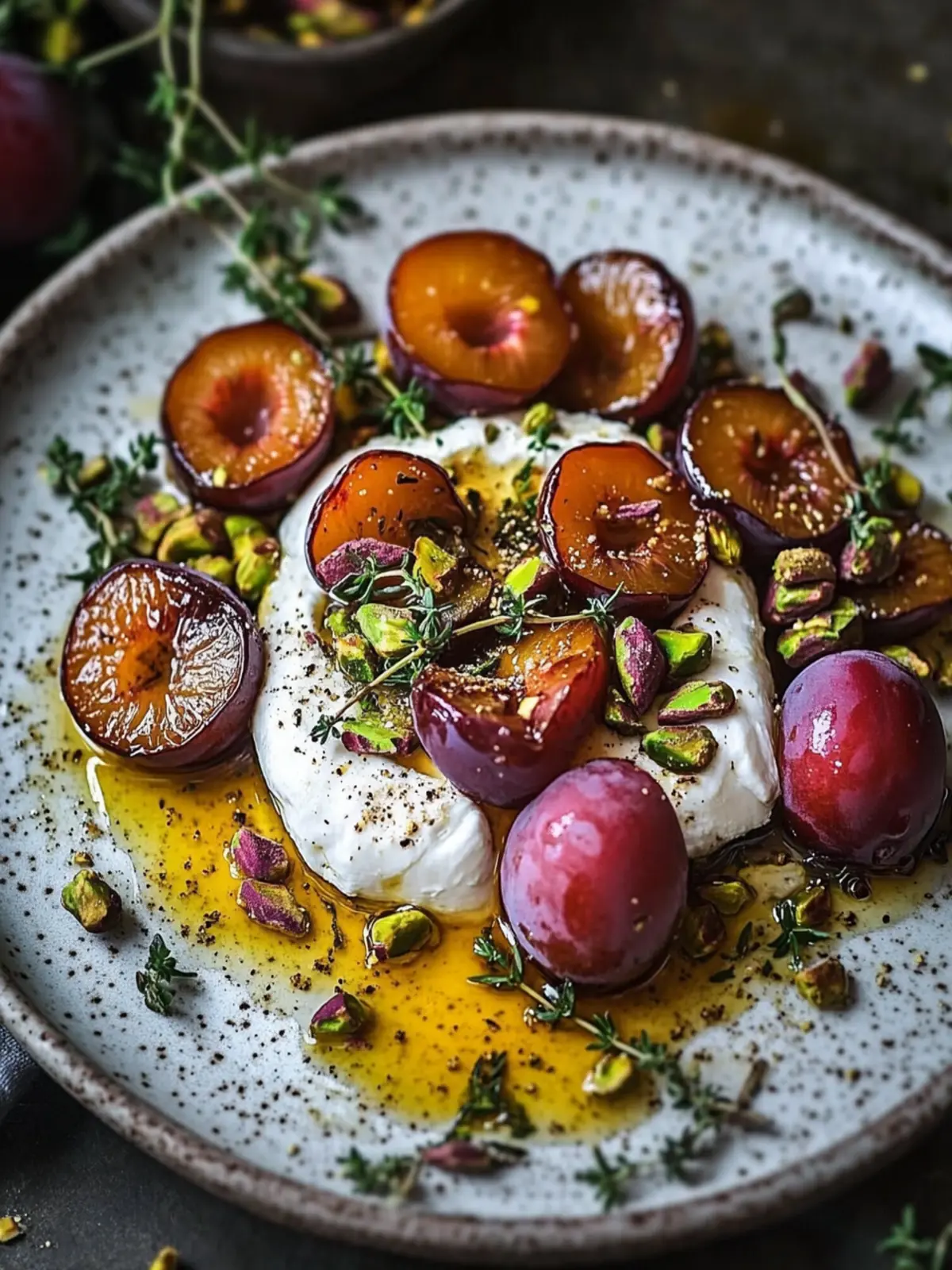Burrata with Roasted Plums, Pistachios and Thyme Bliss 2 Burrata with Roasted Plums, Pistachios and Thyme