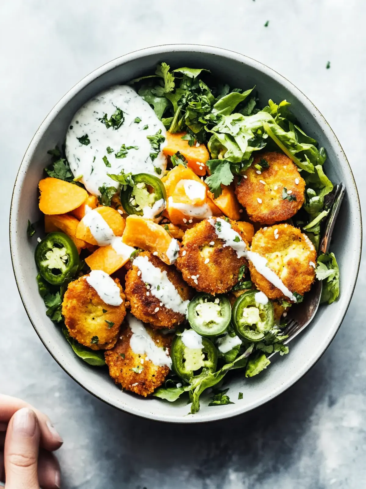 Summer Bliss Bowls: Sweet Potato Fritters & Zesty Ranch Delight 3 Summer Bliss Bowls with Sweet Potato Fritters and Jalapeño Ranch