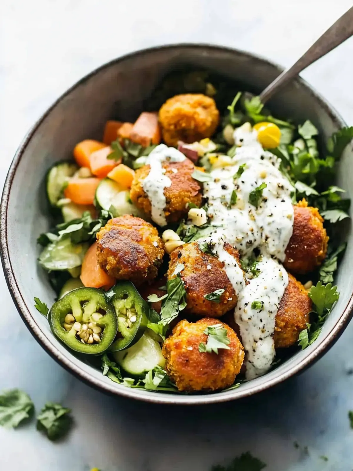 Summer Bliss Bowls: Sweet Potato Fritters & Zesty Ranch Delight 5 Summer Bliss Bowls with Sweet Potato Fritters and Jalapeño Ranch