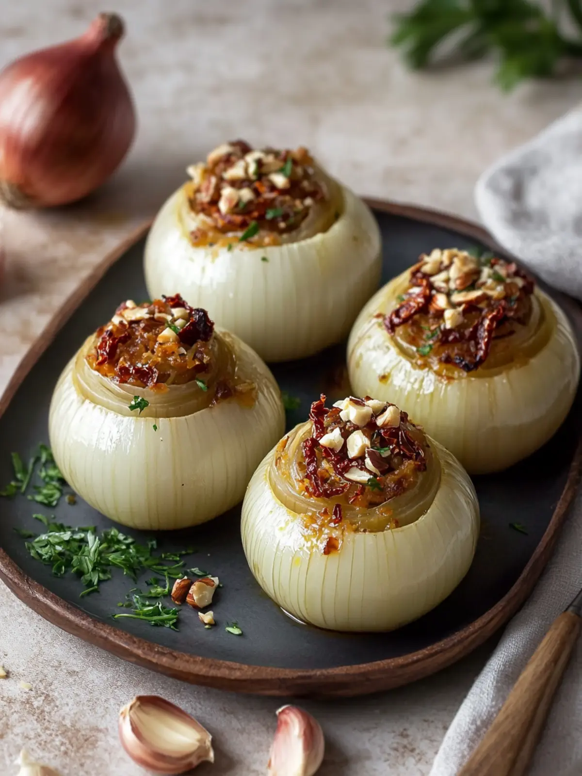 Stuffed Onions with Sun-Dried Tomato & Hazelnuts Delight 3 Stuffed Onions with sun-dried tomato & hazelnuts