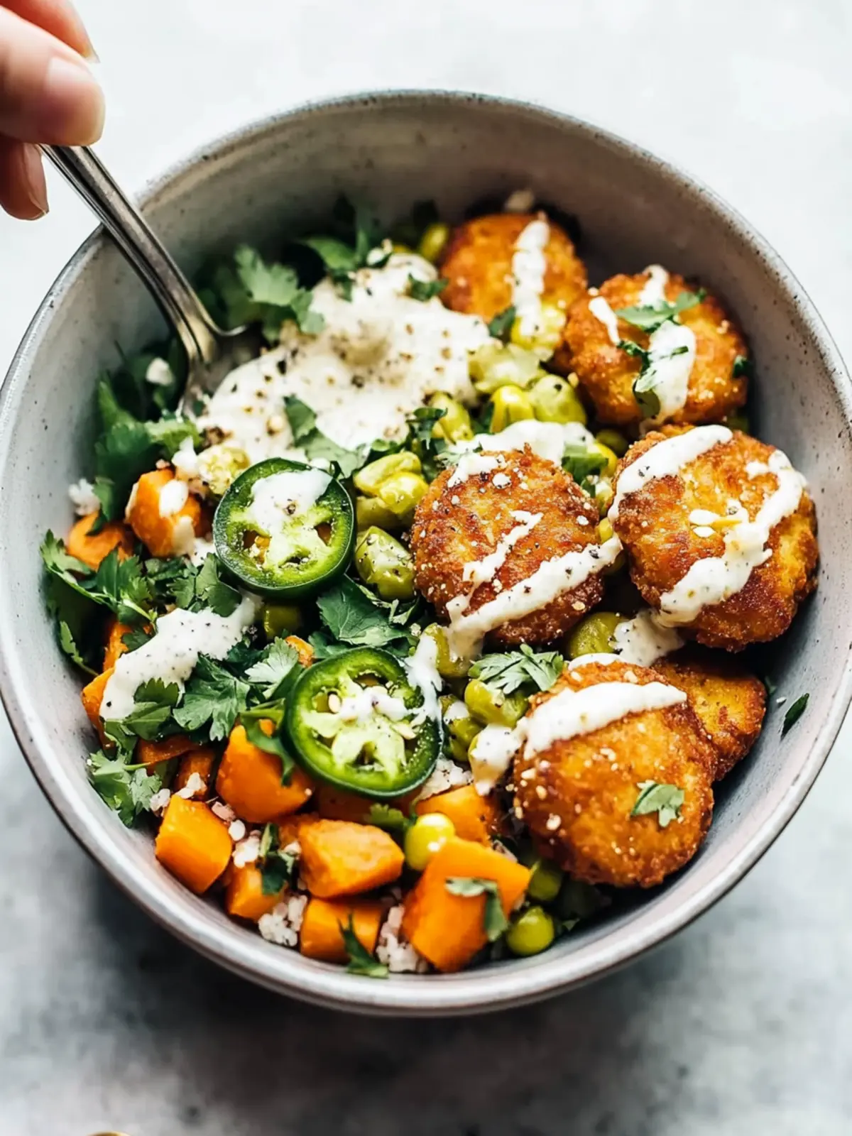 Summer Bliss Bowls: Sweet Potato Fritters & Zesty Ranch Delight 2 Summer Bliss Bowls with Sweet Potato Fritters and Jalapeño Ranch
