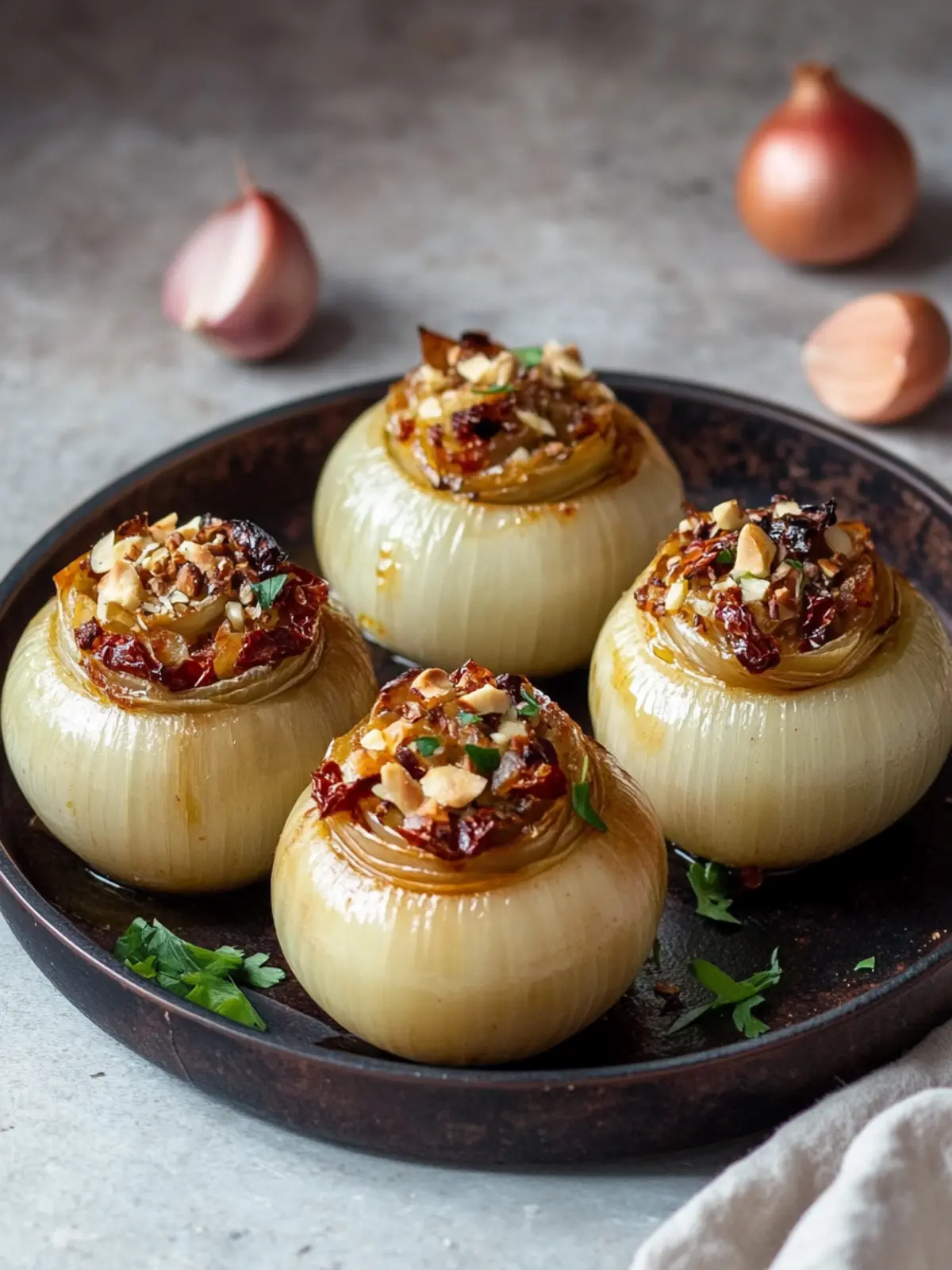 Stuffed Onions with Sun-Dried Tomato & Hazelnuts Delight 4 Stuffed Onions with sun-dried tomato & hazelnuts