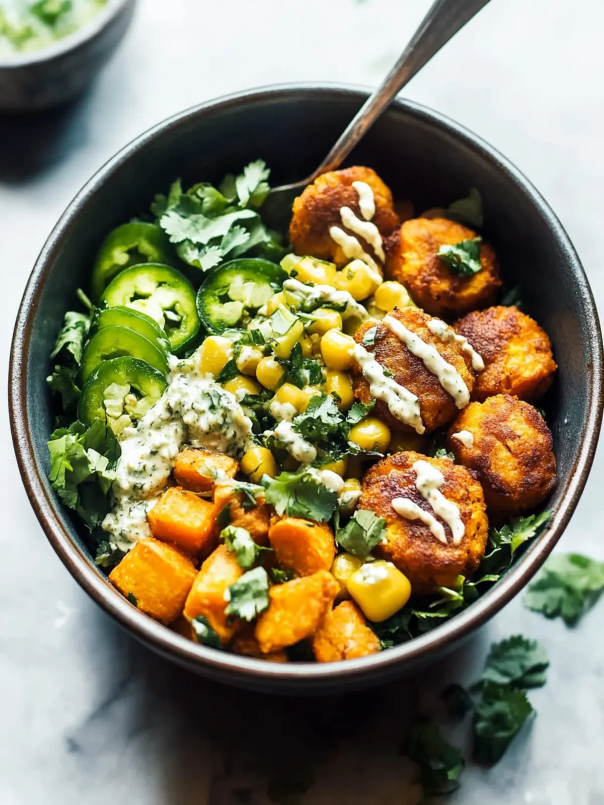 Summer Bliss Bowls: Sweet Potato Fritters & Zesty Ranch Delight 4 Summer Bliss Bowls with Sweet Potato Fritters and Jalapeño Ranch