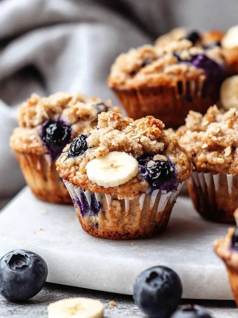Banana Blueberry Oatmeal Muffins with Crumb Topping