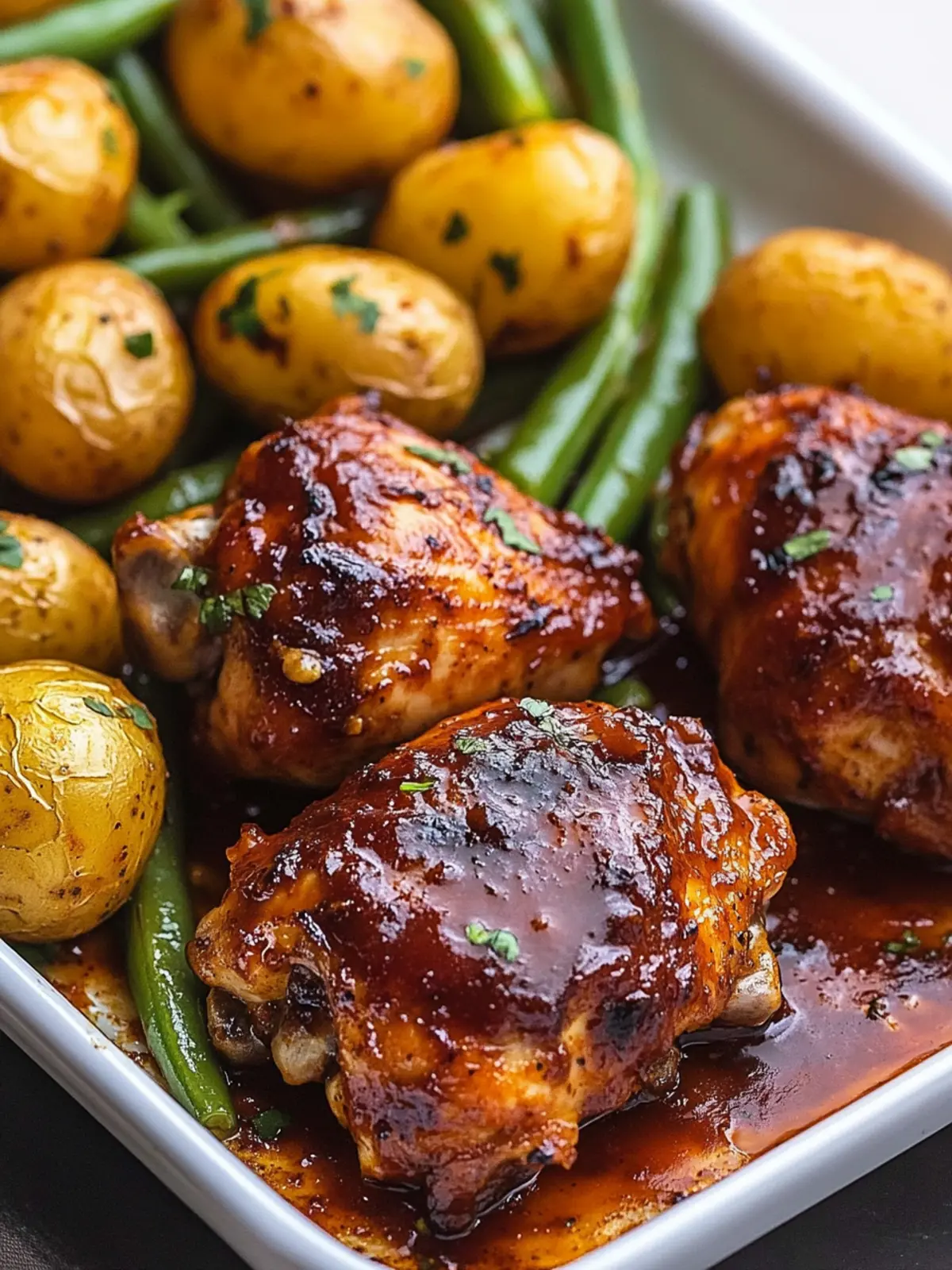 Sheet Pan BBQ Chicken Thighs with Baby Potatoes & Green Beans Delight 2 Sheet Pan BBQ Chicken Thighs with Baby Potatoes & Green Beans