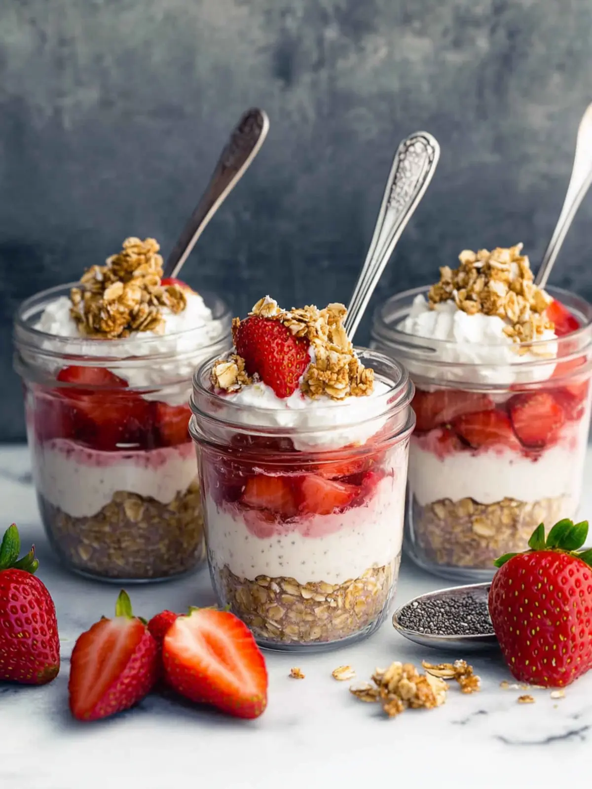 Delicious Strawberry Rhubarb Chia Overnight Oat Parfaits! 3 Strawberry Rhubarb Chia Overnight Oat Parfaits