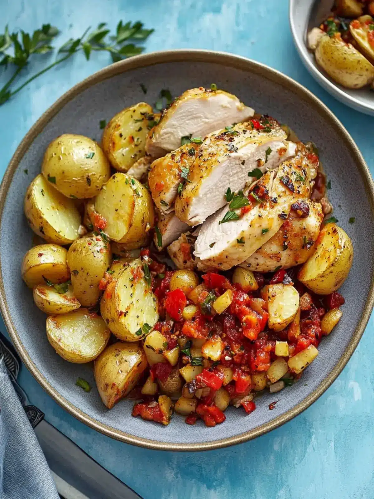 Roasted Chicken and Garlic Potatoes with Zesty Red Pepper Relish 3 Roasted Chicken and Garlic Potatoes with Red Pepper Relish