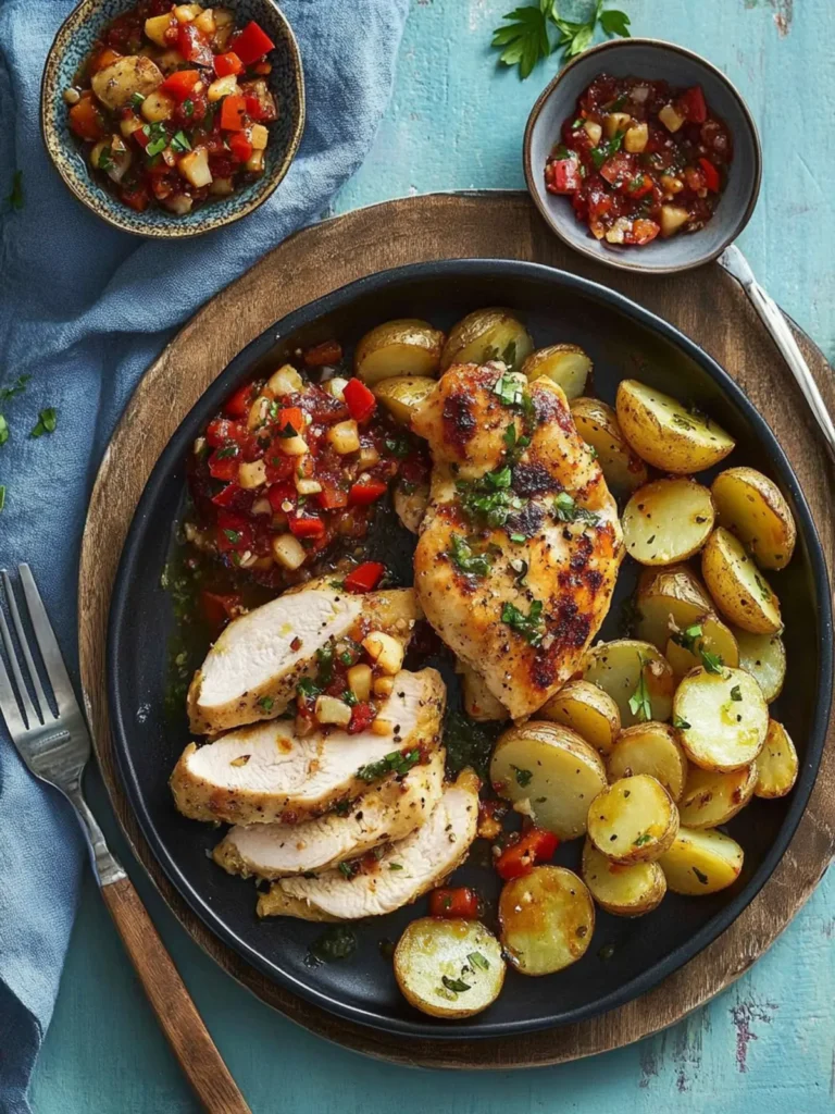 Roasted Chicken and Garlic Potatoes with Red Pepper Relish
