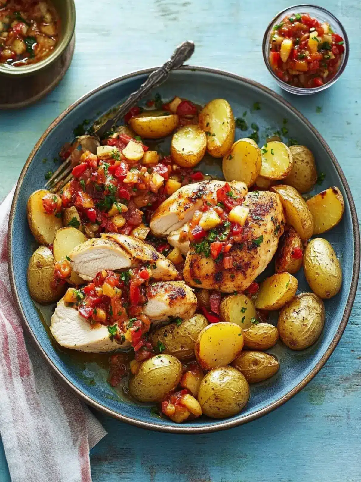 Roasted Chicken and Garlic Potatoes with Zesty Red Pepper Relish 2 Roasted Chicken and Garlic Potatoes with Red Pepper Relish